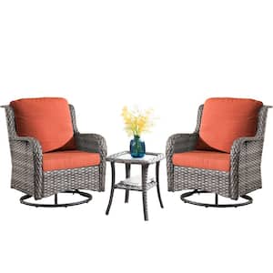 Erie Lake 2-Piece Gray Wicker Outdoor Rocking Chair Set with Orange Red Cushions and 1 Table