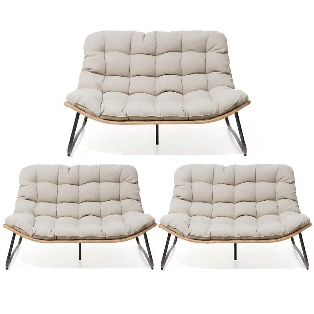 "3-Piece Metal Outdoor Loveseat with 4"" Thick Water-Resistant Cushions in Beige 1000 LBS Capacity PE Rattan Double Sofa" price history on PriceWatchPro