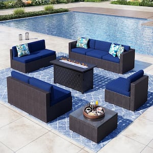 Dark Brown Rattan Wicker 8 Seat 10-Piece Steel Outdoor Fire Pit Patio Set with Blue Cushions and Rectangular Fire Pit