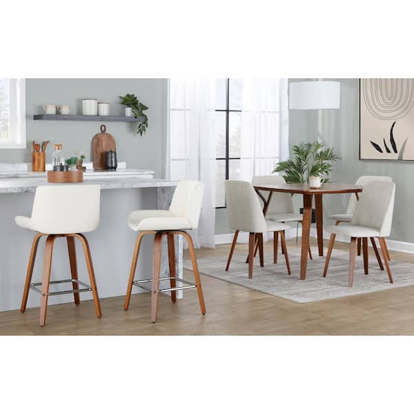 Santi 36 in. H White Faux Leather,Walnut Wood and Chrome Metal Fixed-Height Counter Stool with Square Footrest(Set of 2)