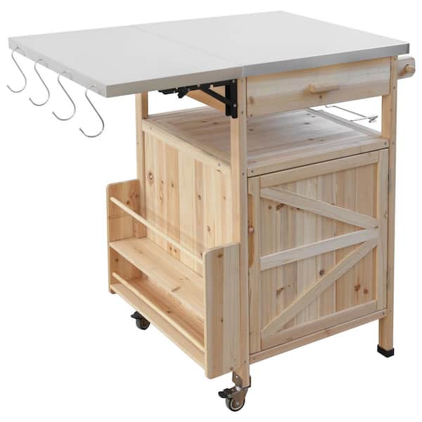 40.5 in. Natural Outdoor Grill Cart, Rolling Kitchen Cart with Stainless Steel Top, Lockable Wheels and Towel Rack