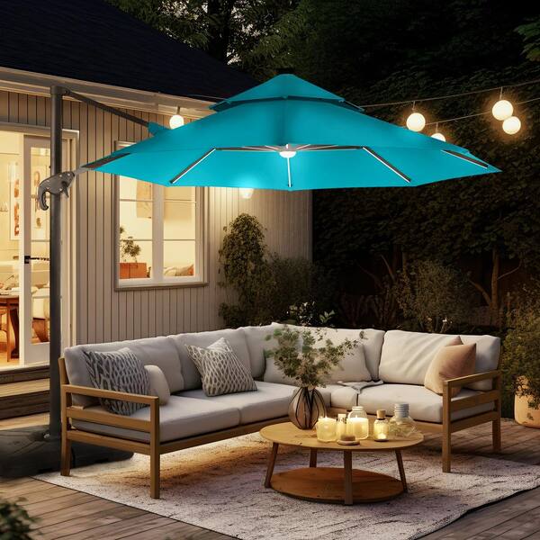 Maxy 10 ft. Steel Roma Cantilever Solar LED Strip Tilt 360 Patio Umbrella in Teal