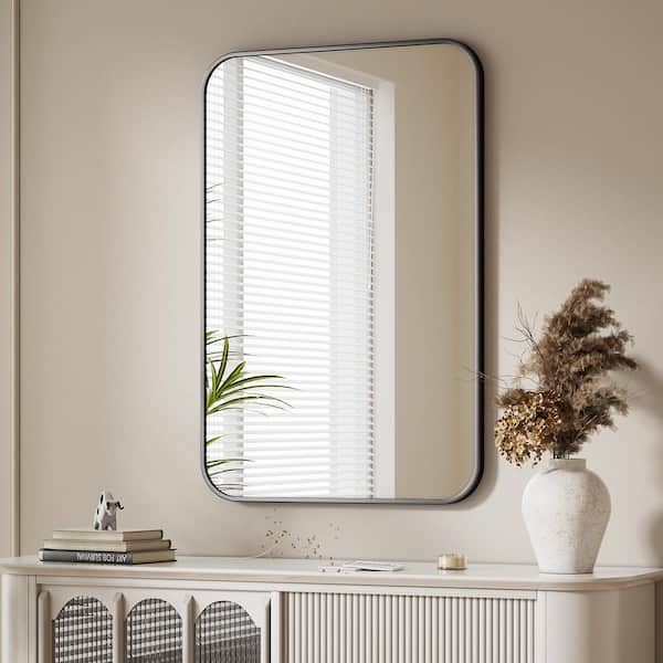 XRAMFY 24 in. W x 35.8 in. H Rectangular Modern Aluminum Alloy Framed Rounded Black Wall Mirror