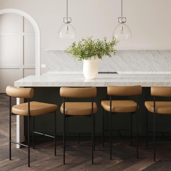 Dahlia 26 in. Counter Heigh Barstool Chair with Back, Black Mid-Century Metal Legs and Brown Leather Cushions, Set of 4