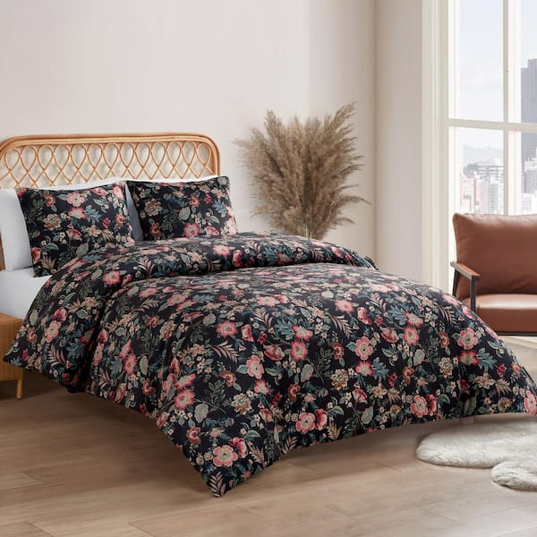 Arcadian Blooms Velvet 3-Piece Black Floral Polyester Full/Queen Comforter Set