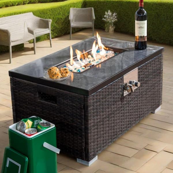 ToolCat Brown Rectangular Wicker Outdoor Fire Pit Table with Glass Rocks, 40000 BTU