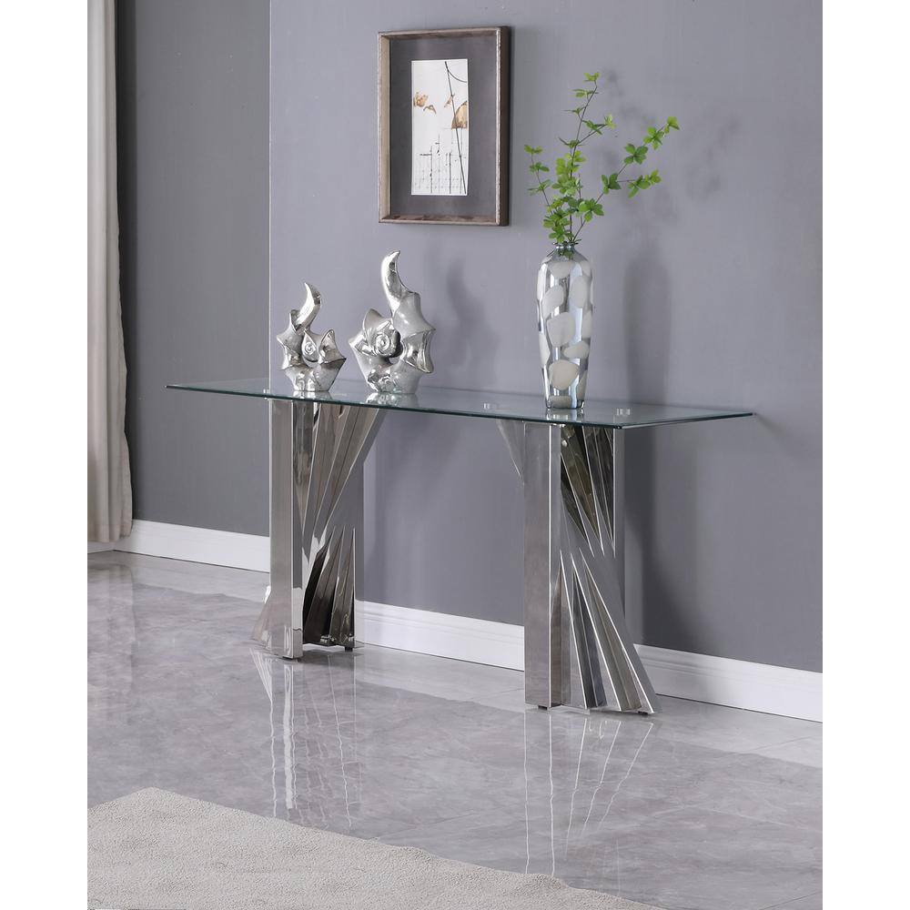 Modern Tempered Glass Console Table with Stainless Steel Spiral Base