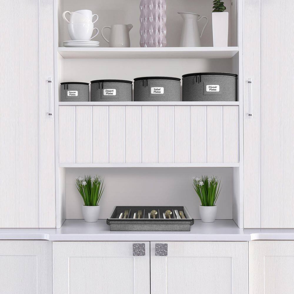 Gray Fabric Dinnerware Storage, 7.25 in. x 5 in. China Plate Container Organizer for Saucer Plate with Lid, 1-Piece