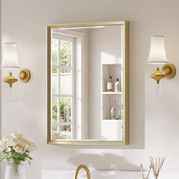 Modern 22 in. H x 30 in. W Aluminum Double Beveled Frame Wall Mounted Bathroom Vanity Miror, Brushed Gold