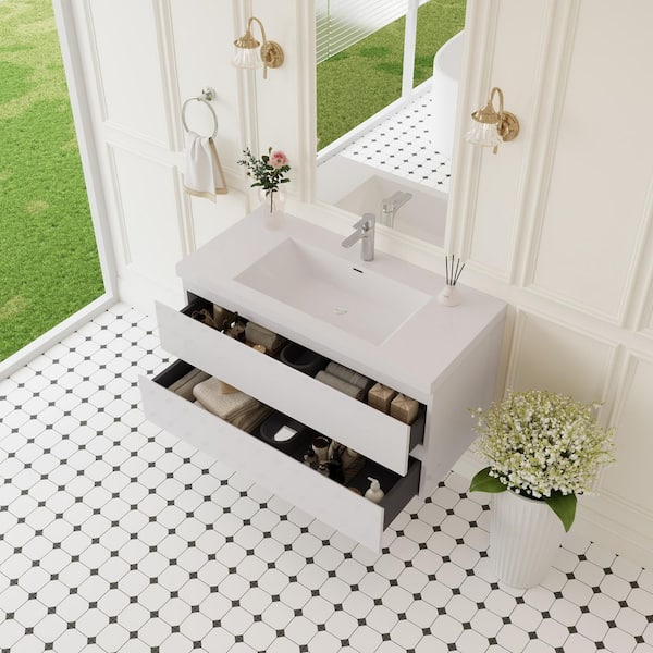 42 in. W x 19-3/4 in. D x 22-1/5 in. H Bathroom Wall Hung Vanity in White with Single Basin Vanity Top in White Resin