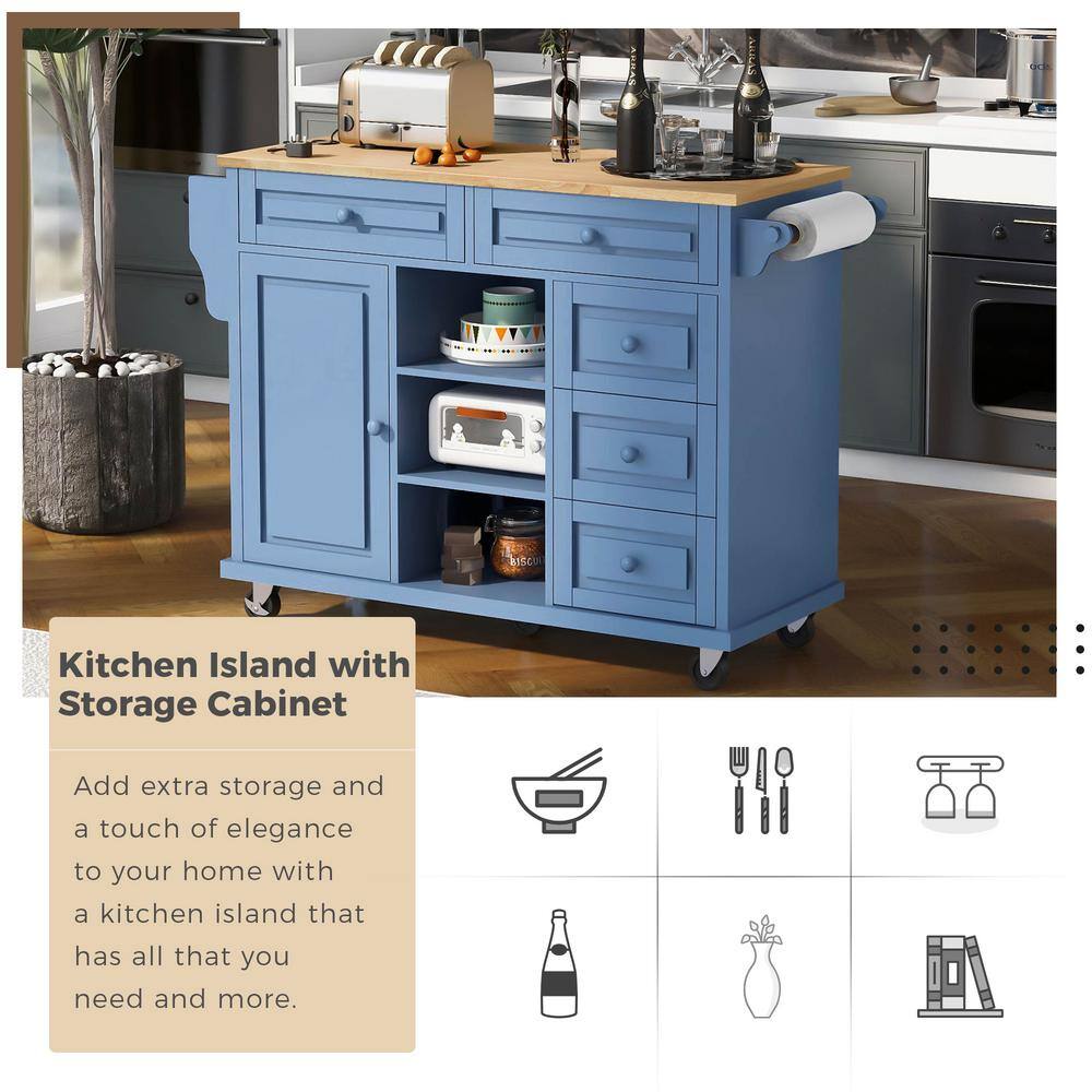Blue Wood 53" Rolling Kitchen Cart with Spice Rack and Storage