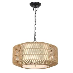 4-Light Farmhouse Rattan Chandelier Pendant Light Fixture w/ Woven Fabric Shade Kitchen Bedroom Island Brown Plus Black