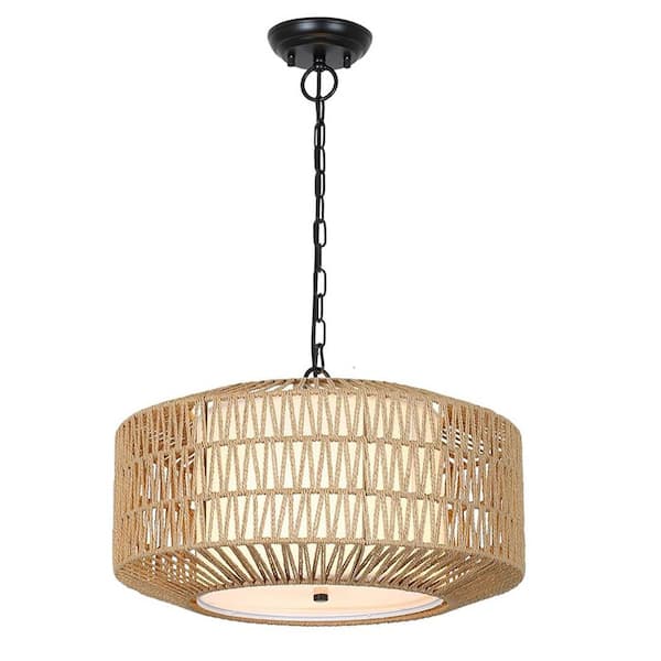 Gloweer 4-Light Farmhouse Rattan Chandelier Pendant Light Fixture w/ Woven Fabric Shade Kitchen Bedroom Island Brown Plus Black