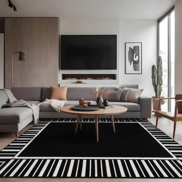 Edge Black 9 ft. x 12 ft. Rubber Back Washable Geometric Border Indoor Outdoor Patio Area Rug