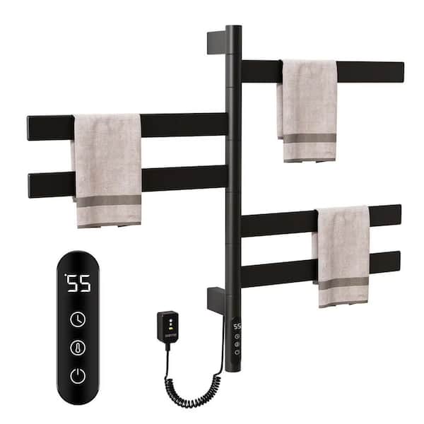 EPOWP 5 Bar Wall Mounted Plug-in/Hardwired Towel Warmer Rotating Heated Rack in Black with Intelligent Touch Screen Timer