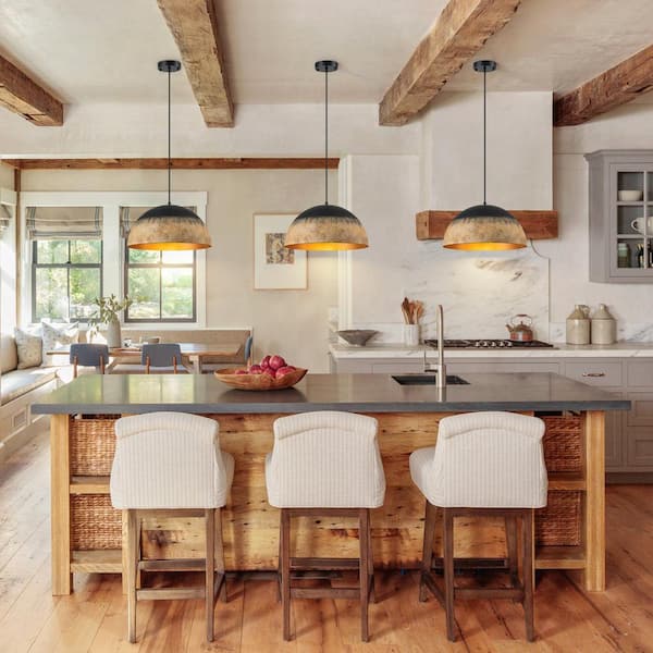 Detroit 15.75 in. 1-Light Black and Muddy Yellow Farmhouse Dome Pendant Light for Kitchen Island