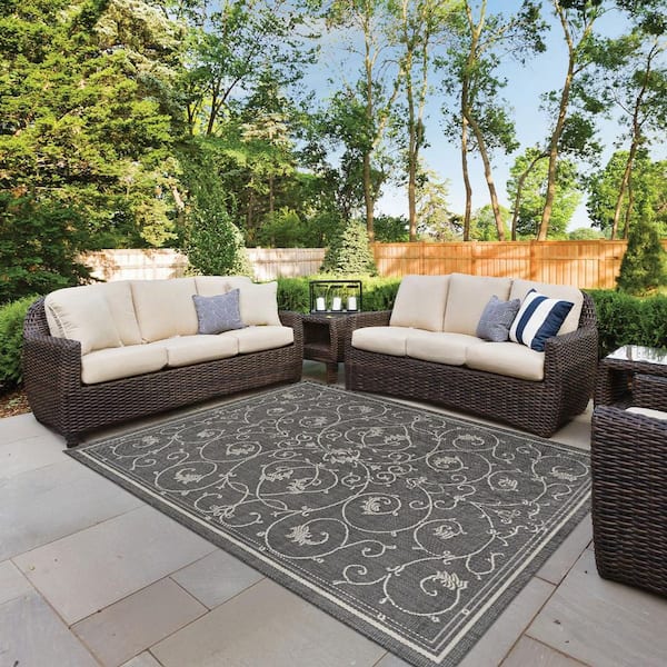 Recife Veranda 8 ft. Round Ivory-Silver Floral Indoor/Outdoor Area Rug