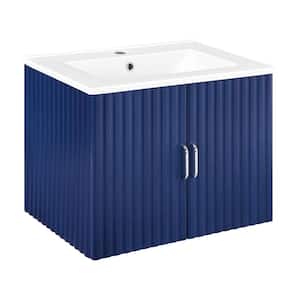 24 in. W x 17.72 in. D x 18.7 in. H Single Sink Wall Mounted Bath Vanity in Blue with White Ceramic Top
