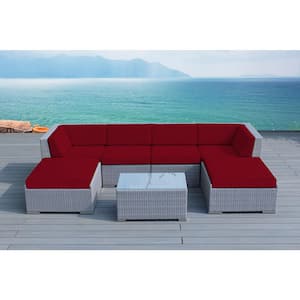 Gray 7-Piece Wicker Patio Seating Set with Sunbrella Jockey Red Cushions