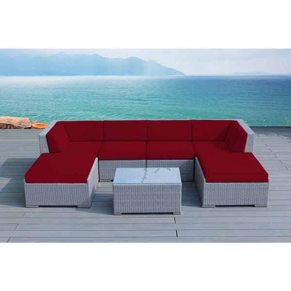 Ohana Depot Gray 7-Piece Wicker Patio Seating Set with Sunbrella Jockey Red Cushions