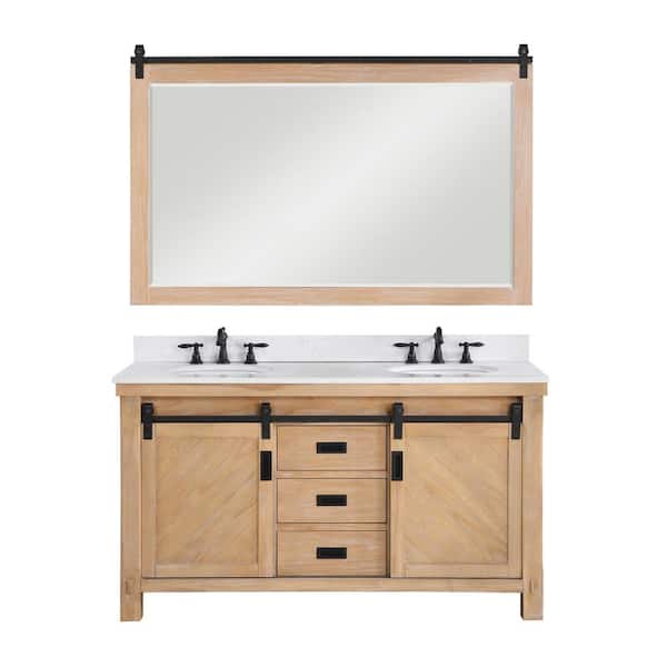 ROSWELL Cortes 60 in. W x 22 in. D x 33.9 in. H Double Sink Bath Vanity in Weathered Pine with White Composite Top and Mirror