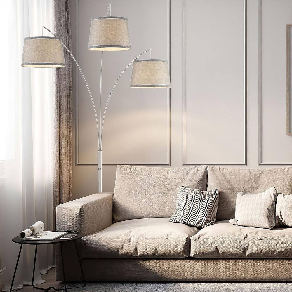 Elegance Arc 3-Light Floor Lamp with Gray Burlap Shades and Brushed Nickel Finish
