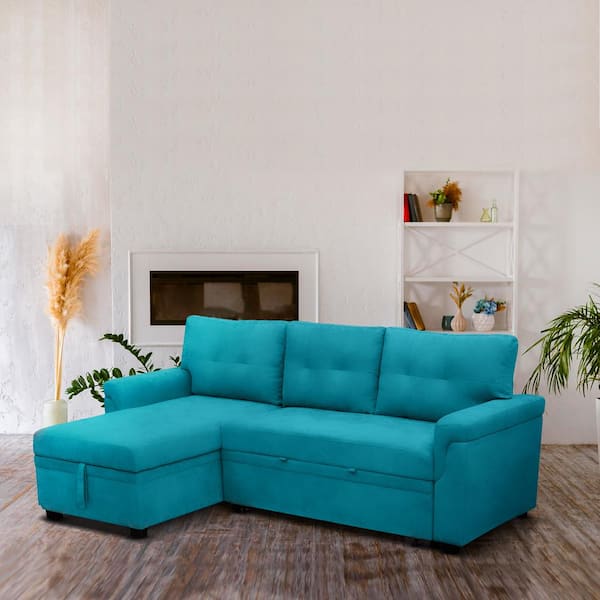 84.64 in. Velvet L-Shaped Sleeper Sectional Sofa with Square Arms in. Teal, Reversible Chaise and Pull-Out Bed