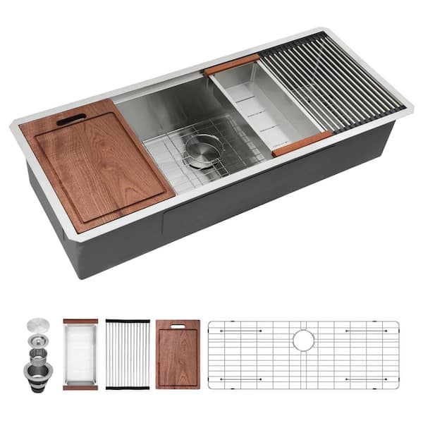 Unbranded 45 in. Undermount Single Bowl 16 Gauge Brushed Nickel Stainless Steel Workstation Kitchen Sink with Bottom Grid