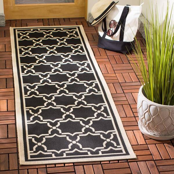 Courtyard Black/Beige 2 ft. x 10 ft. Geometric Indoor/Outdoor Patio  Runner Rug