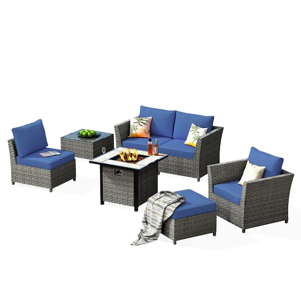 Bexley Gray 7-Piece Wicker Fire Pit Patio Conversation Seating Set with Navy Blue Cushions