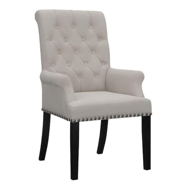 Benjara Gray and Brown Velvet Accent Chair with Button Tufted Rolled Back
