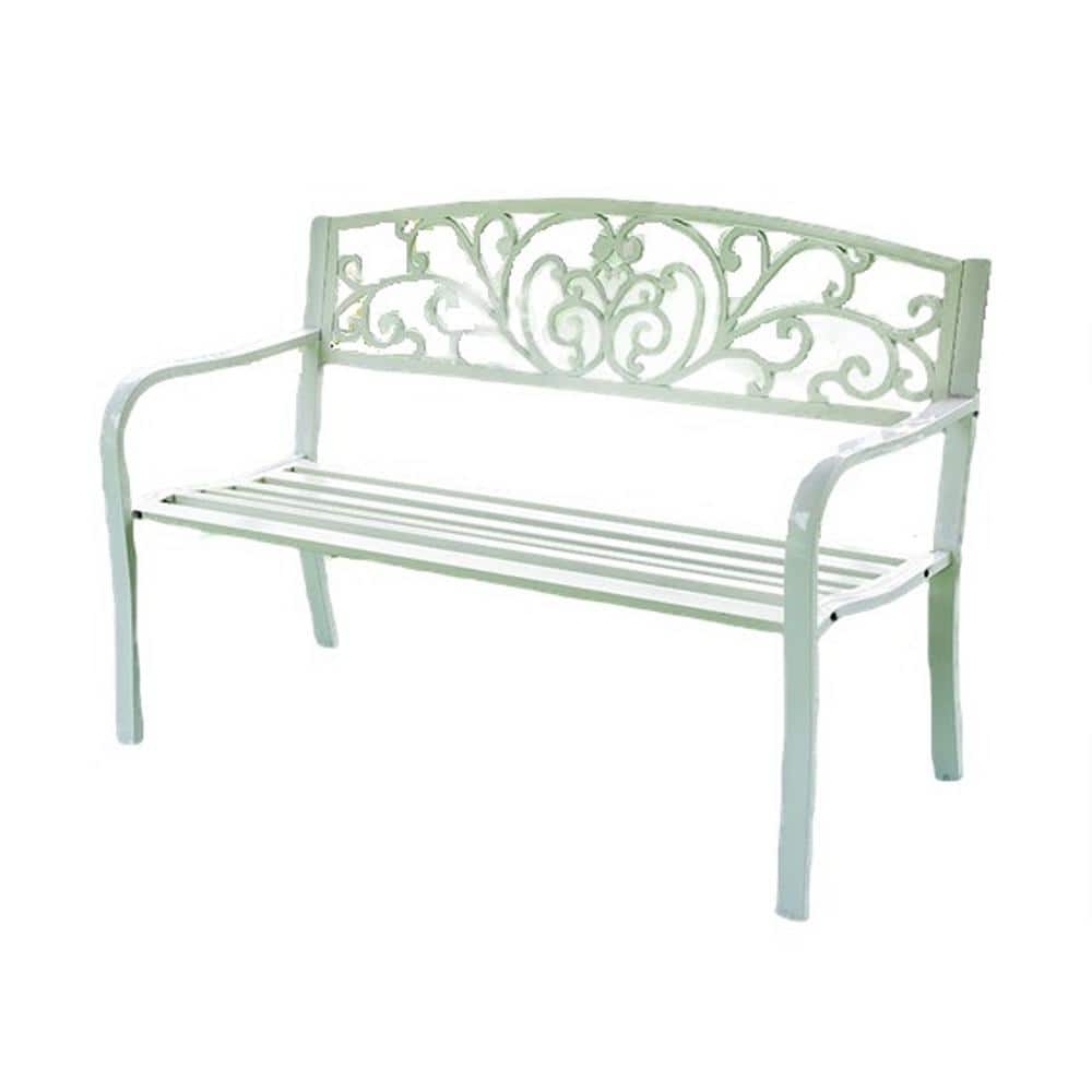White Metal Outdoor Garden Bench with Scroll Backrest