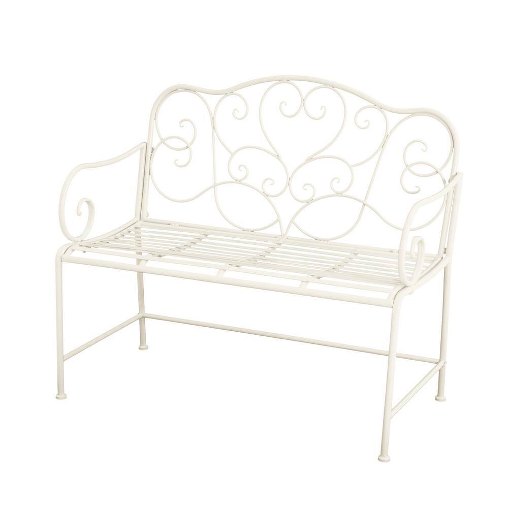 Matte White Iron Outdoor Garden Bench with Floral Design, 41"