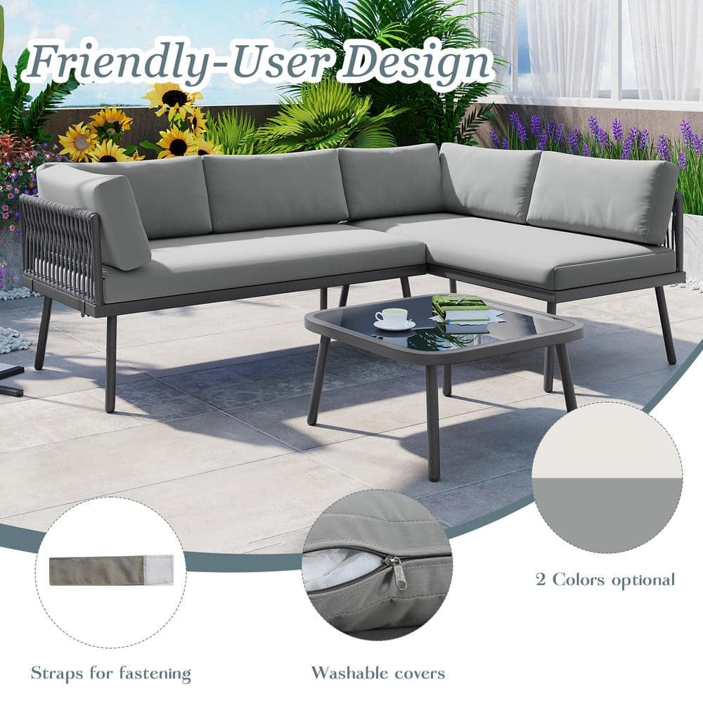 3 Piece Metal plus PE Rattan Modern Outdoor Patio Sectional Sofa Set, All W