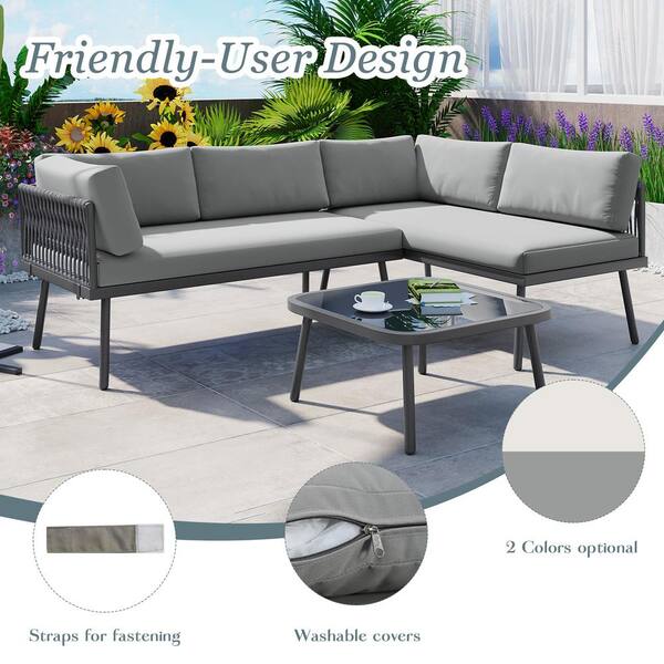 Unbranded 3 Piece Metal plus PE Rattan Modern Outdoor Patio Sectional Sofa Set, All Weather Furniture Set with Grey Cushions