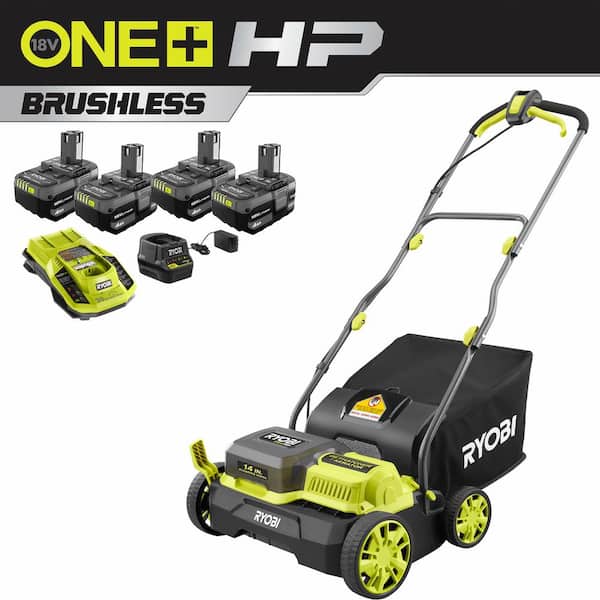 RYOBI ONE+ HP 18V Brushless 14 in. Cordless Battery Dethatcher/Aerator Cultivator with (4) 4.0 Ah Batteries and (2) Charger