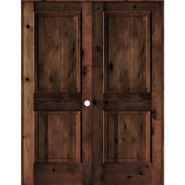 Krosswood Doors 56 in. x 80 in. Rustic Knotty Alder 2-Panel Square-Top Left Handed Red Mahogany Stain Wood Double Prehung Interior Door