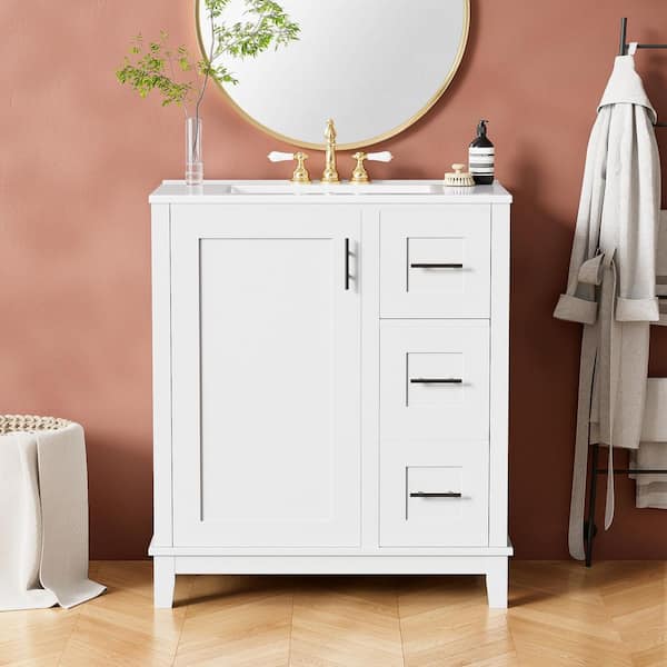 30 in. W x 18 in. D x 34 in. H Single Sink White Freestanding Bath Vanity with Ceramic Counter Tops (Unassembled)