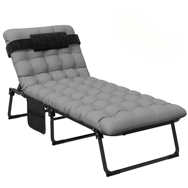 Gray 1-Piece Metal Outdoor Chaise Lounge with Gray Polyester Cushion