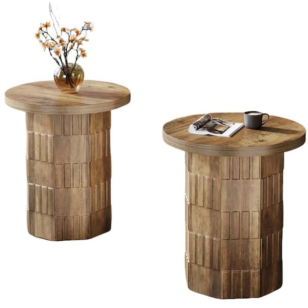 BYBLIGHT Kerlin 19.7 in. Brown Cylindrical Side Table, Round MDF End Table Rustic Pedestal Small Side Table for Living Room,2pcs