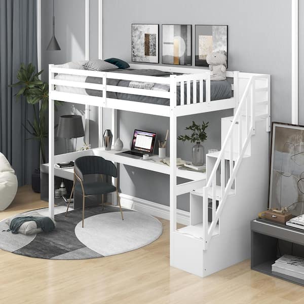 White Twin Size Loft Bed With Staircase, Loft Beds With Storage Stairs And Desk
