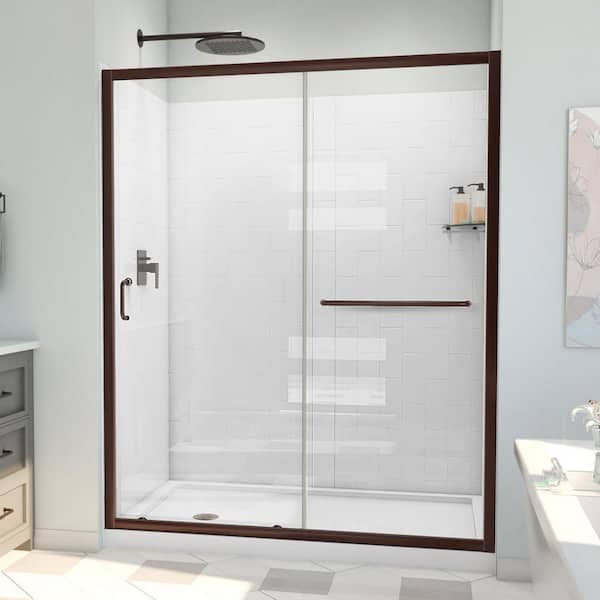 DreamLine 60 in. W x 78-3/4 in. H Sliding Semi-Frameless Shower Door Base and White Wall Kit in Oil Rubbed Bronze and Clear Glass