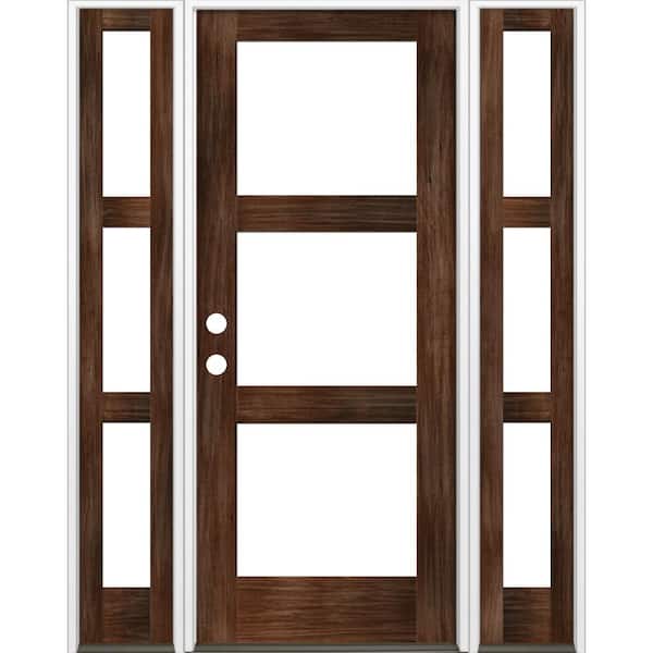 Krosswood Doors 64 in. x 96 in. Modern Hemlock Right-Hand/Inswing 3-Lite Clear Glass Red Mahogany Stain Wood Prehung Front Door with DSL