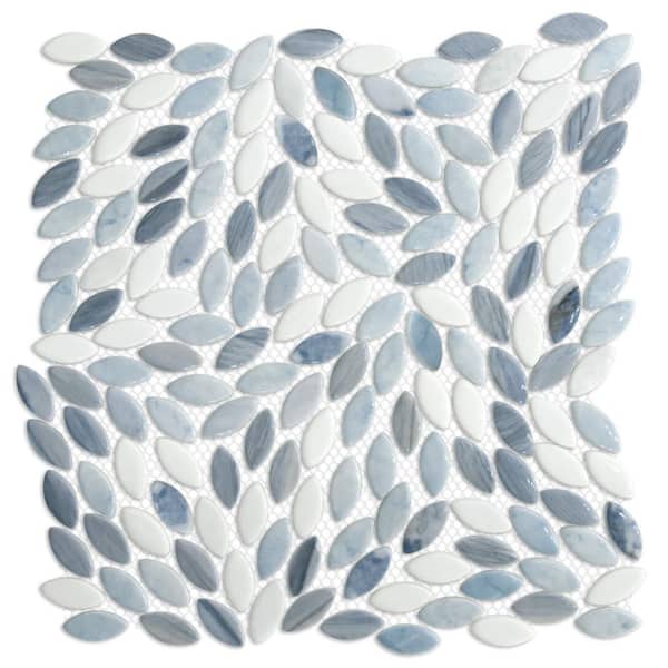 Flower Blue 11.1 in. x 11.4 in. Glossy Recycled Glass Marble Looks Floor and Wall Mosaic Tile (8.8 sq. ft. /Case)