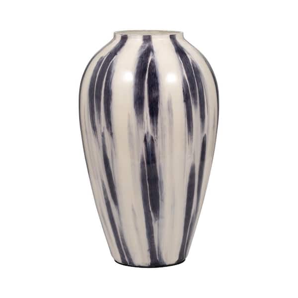 17 in. Blue Glass Round Glam Abstract Striped Decorative Vase