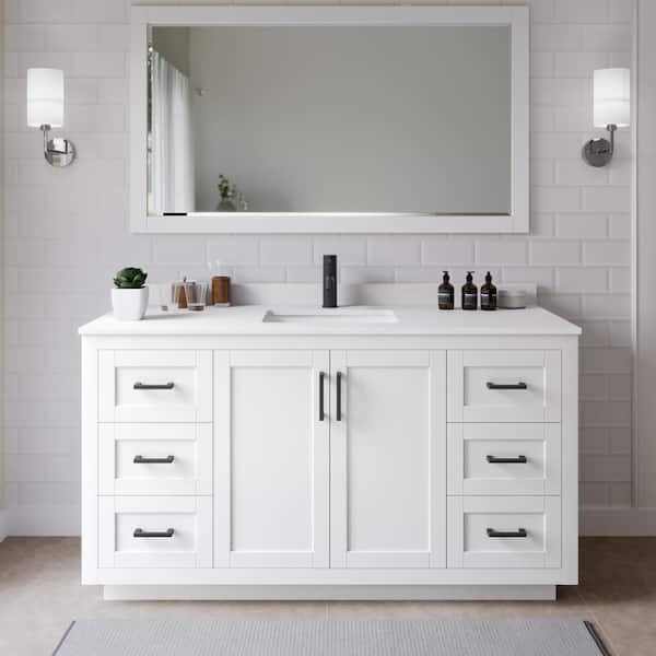Wyndham Collection Miranda 66 in. W x 22 in. D x 33.75 in. H Single Sink Bath Vanity in White with White Cultured Marble Top and Mirror