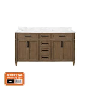Caville 60 in. W x 22 in. D x 34 in. H Double Sink Bath Vanity in Almond Latte with Carrara Marble Top with Outlet