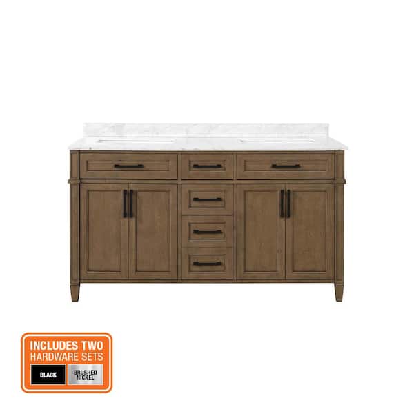 Caville 60 in. Double Sink Almond Latte Bath Vanity with Carrara Marble Top and Integrated Power Outlet (Assembled)