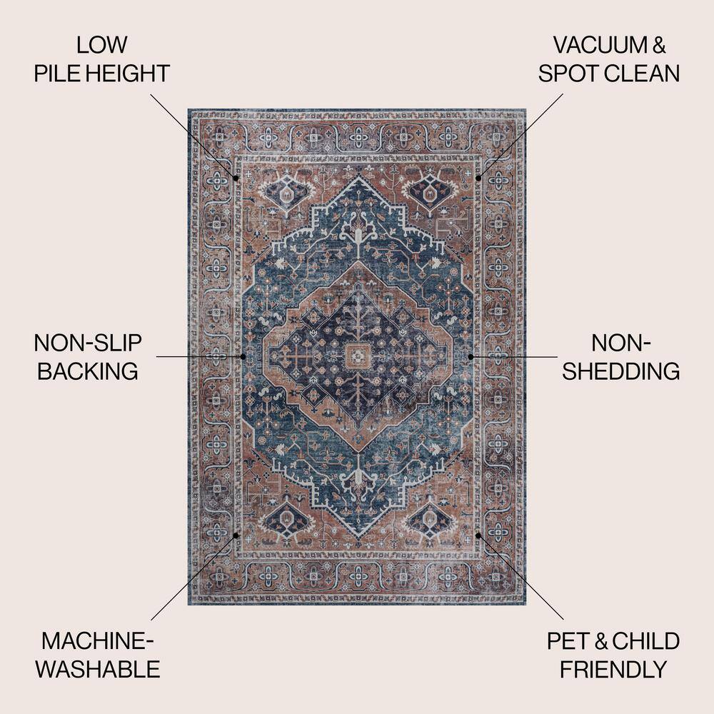 Navy and Brown Medallion Washable Chenille Area Rug 8' x 10'
