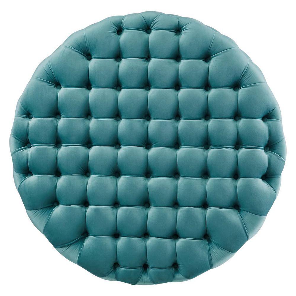 Amour Sea Blue Velvet Tufted Round Ottoman, 40"